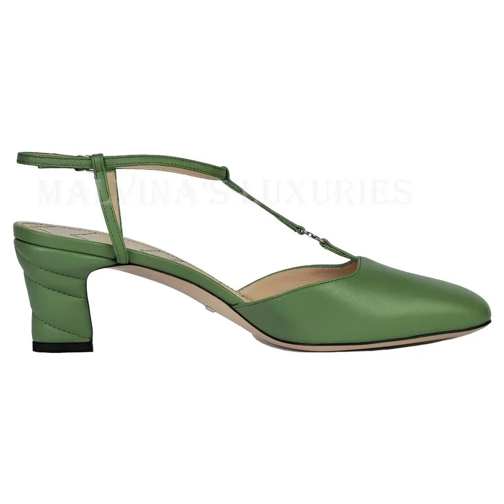 GUCCI SHOES T-STRAP GREEN LEATHER DOUBLE G LOGO SLINGBACK PUMPS 40 10 - Picture 8 of 16
